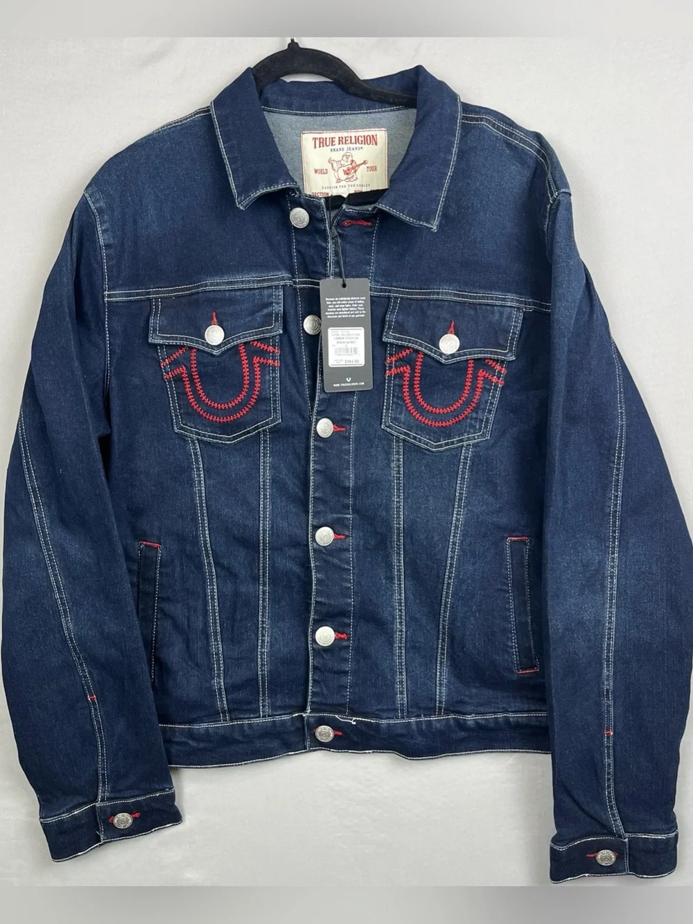 True Religion Denim Jacket Red Ladder Stitch Men’s Large Dark Wash MSRP $184 New